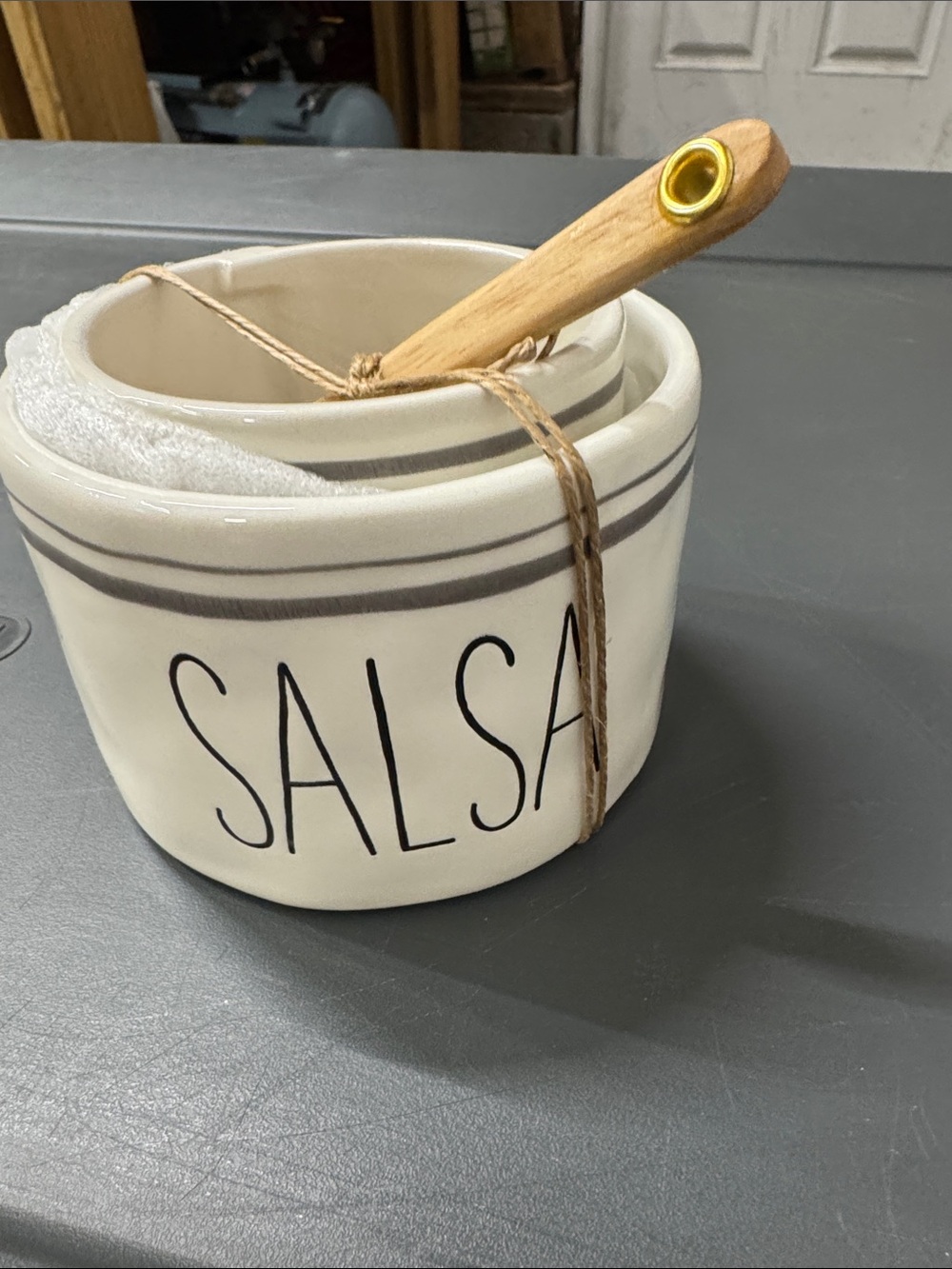 Mudpie Cream Salsa Crock with Wooden Spoon